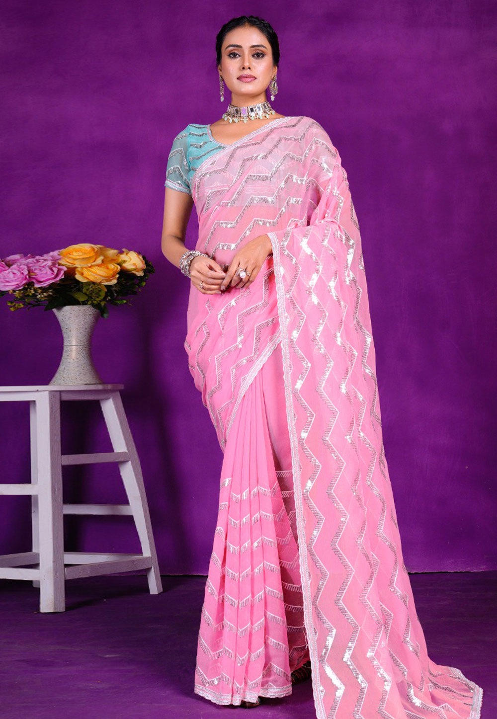 Pink Shimmer Saree With Blouse 285495