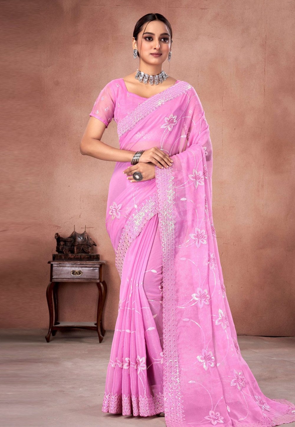 Pink Shimmer Saree With Blouse 285950