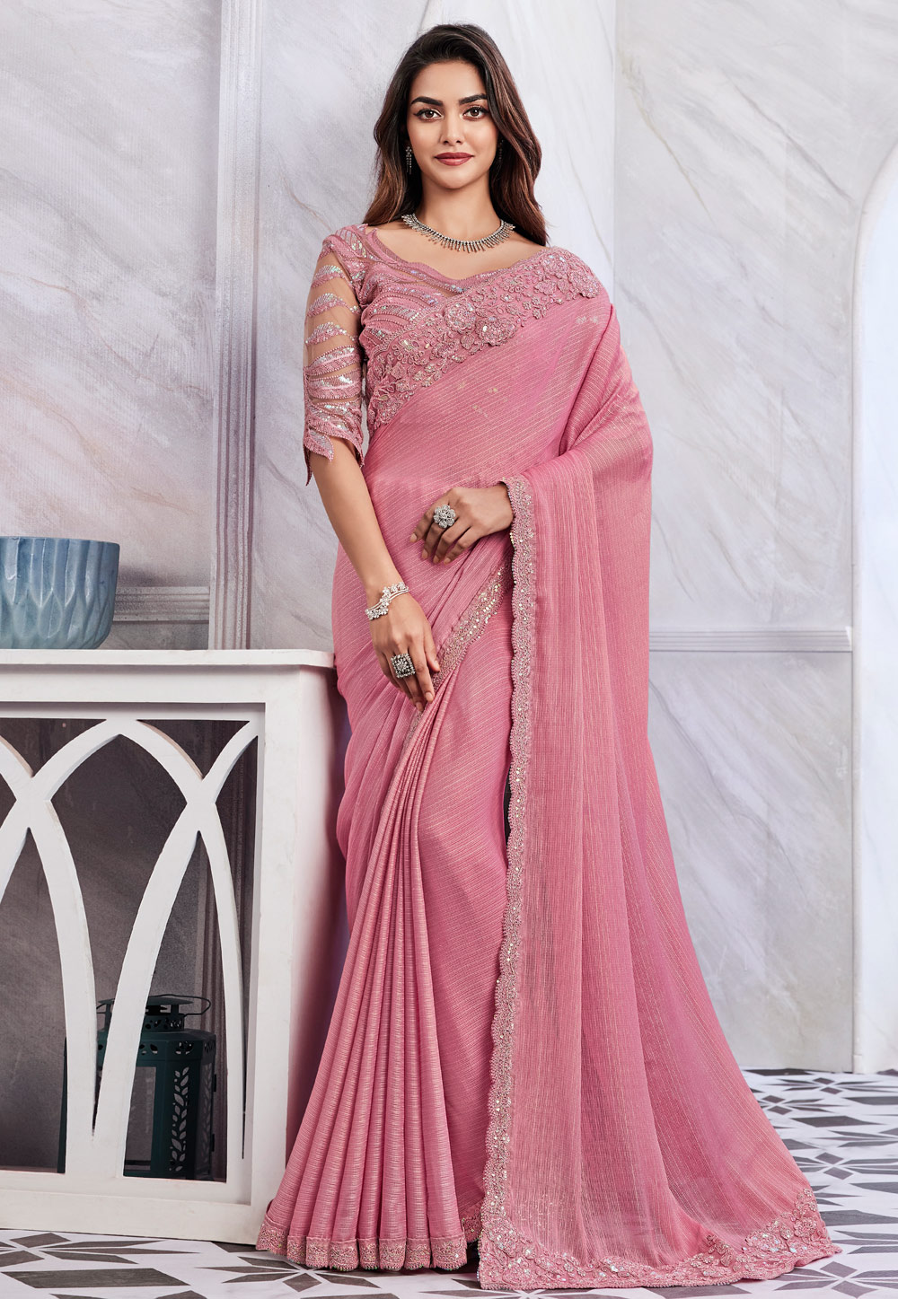 Pink Shimmer Saree With Blouse 283831