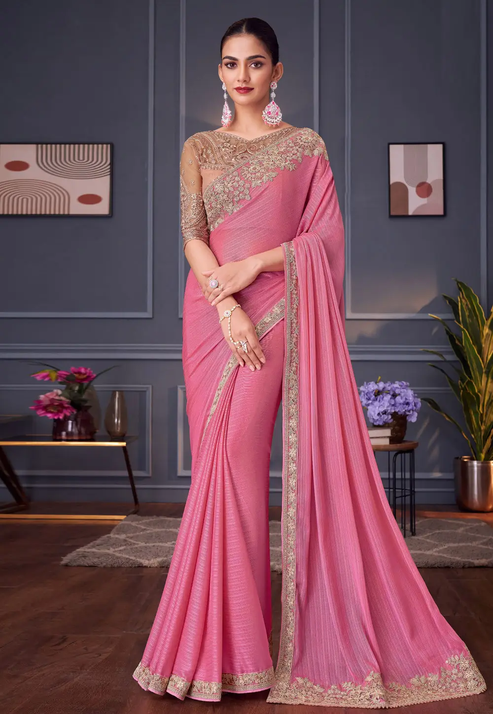 Pink Shimmer Saree With Blouse 296343