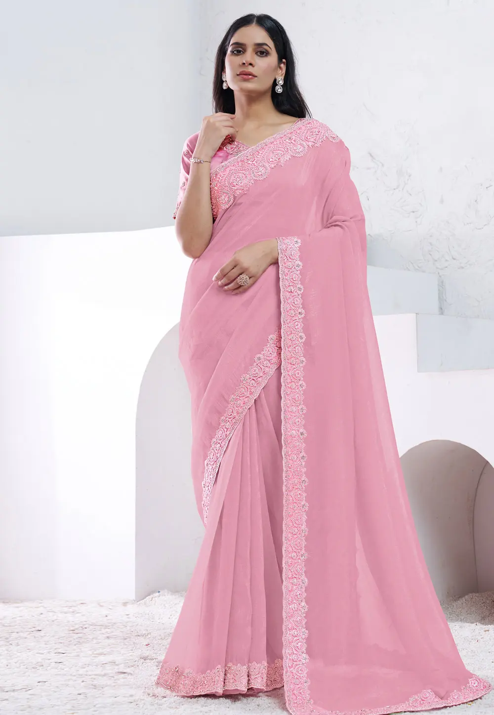 Pink Shimmer Saree With Blouse 301279