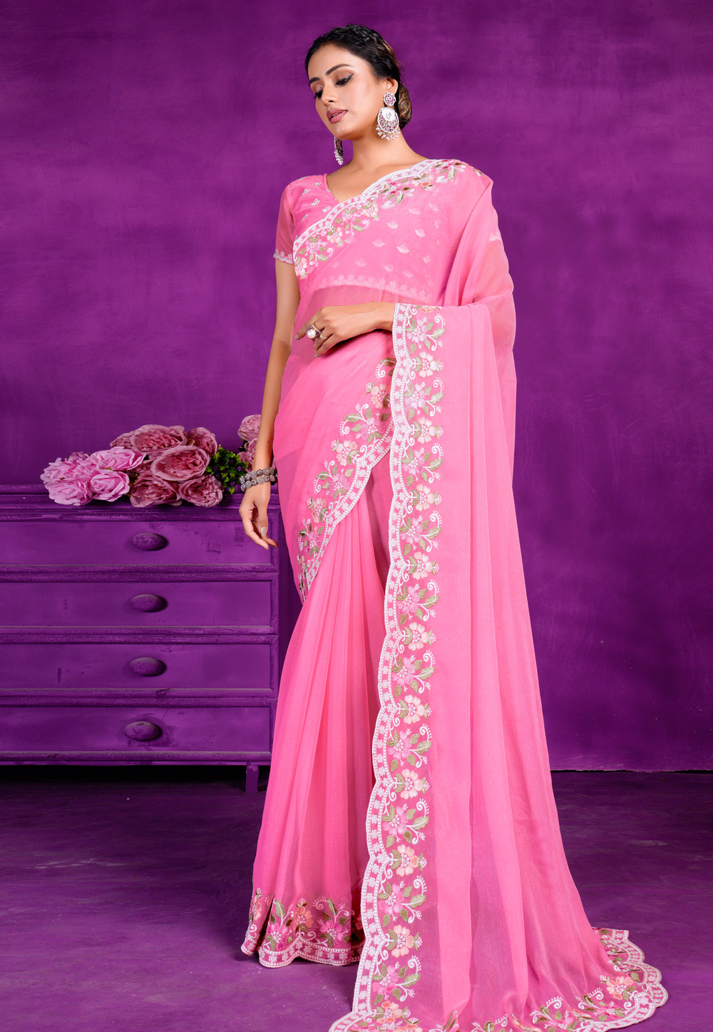 Pink Shimmer Saree With Blouse 285816