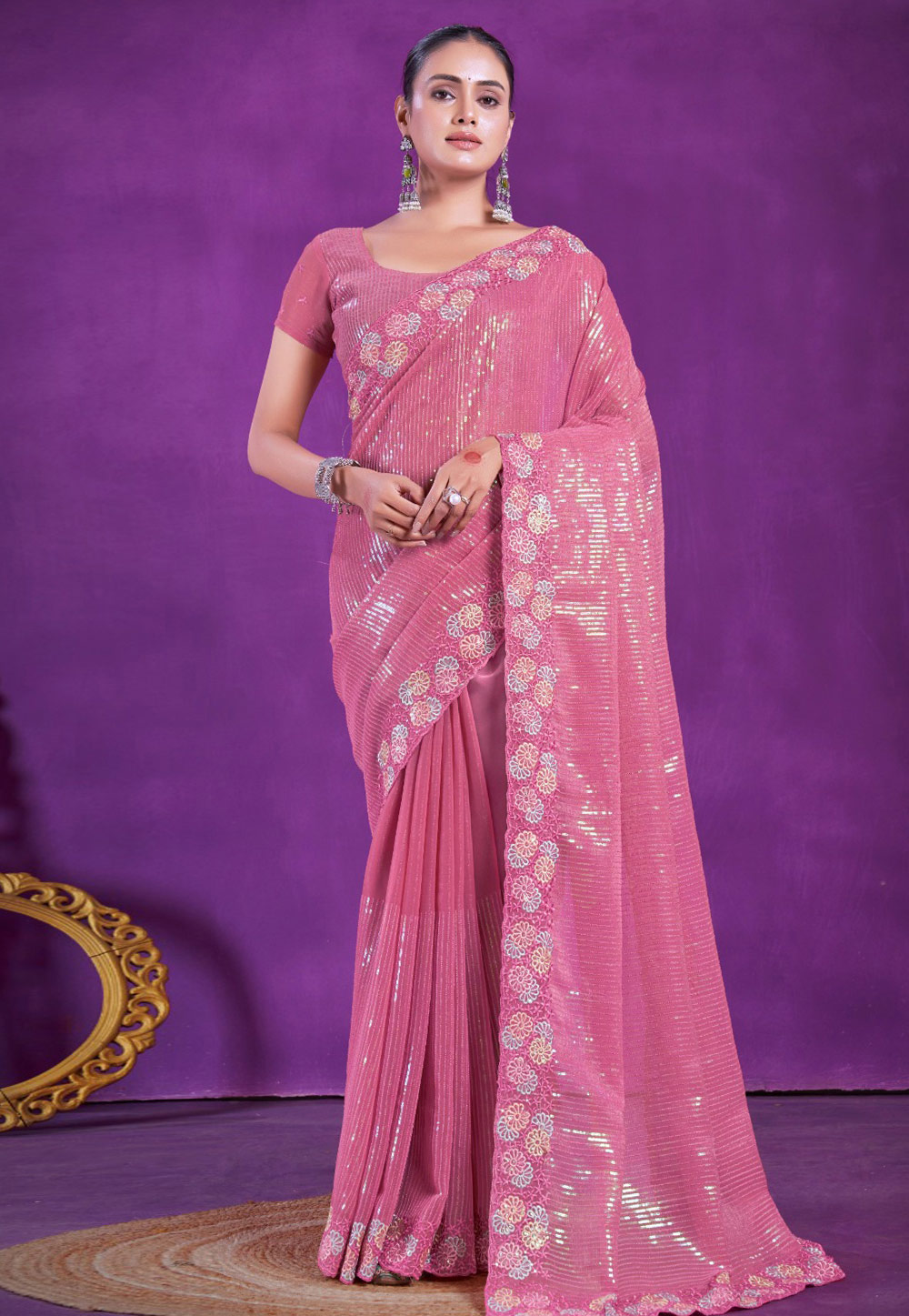 Pink Shimmer Sequence Saree 285505