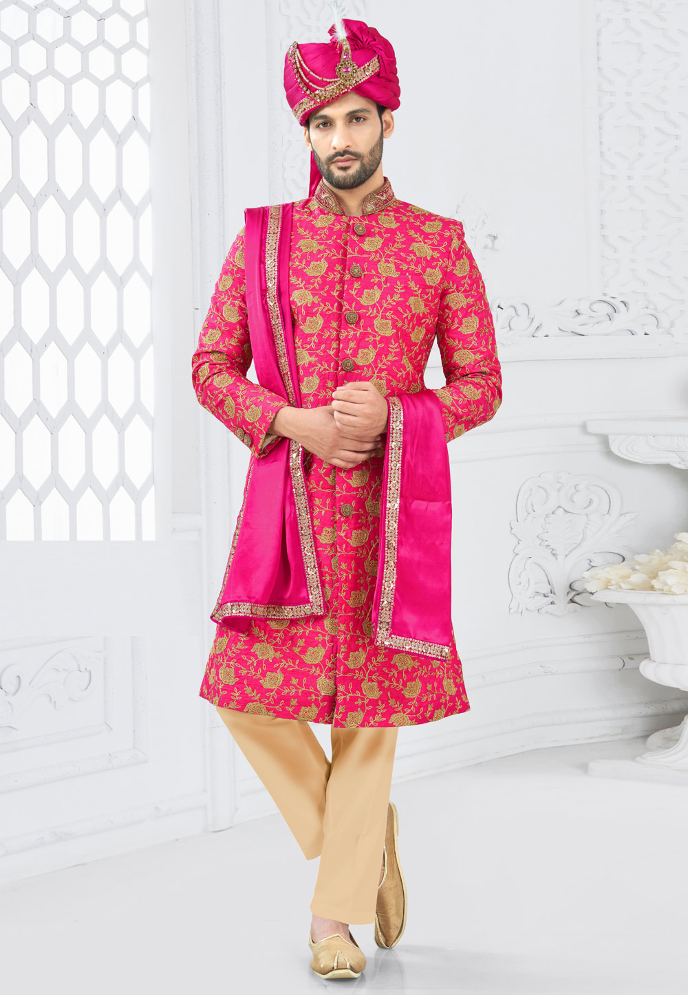 Pink Silk Achkan Style Sherwani 305182