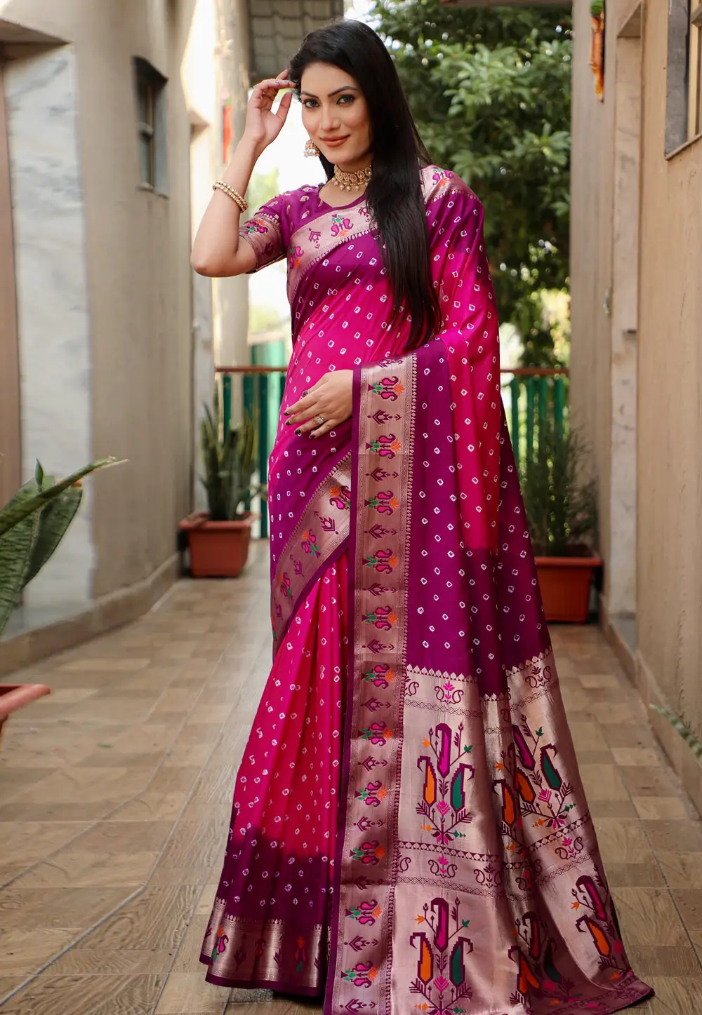 Pink Silk Bandhani Print Saree 295694