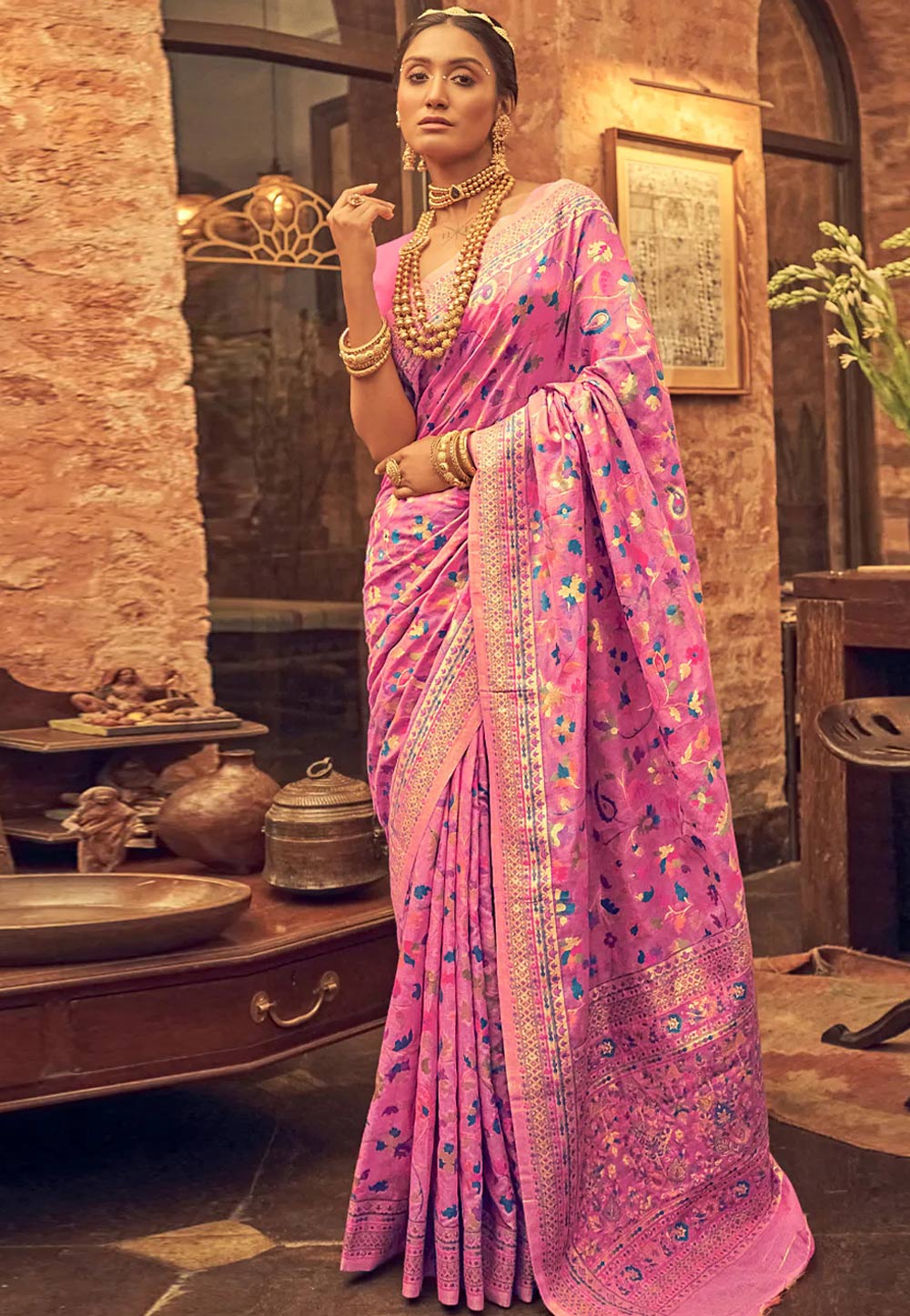 Pink Silk Cotton Saree With Blouse 279751