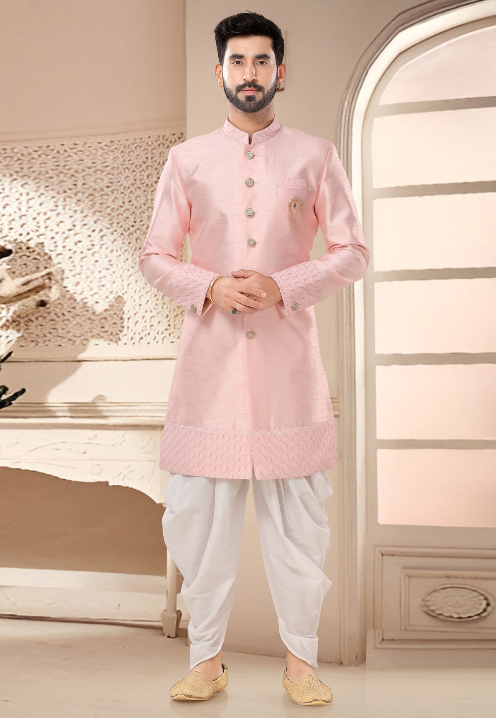Pink Silk Dhoti Sherwani 285766