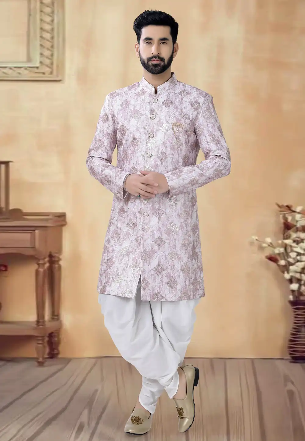 Pink Silk Dhoti Sherwani 292392