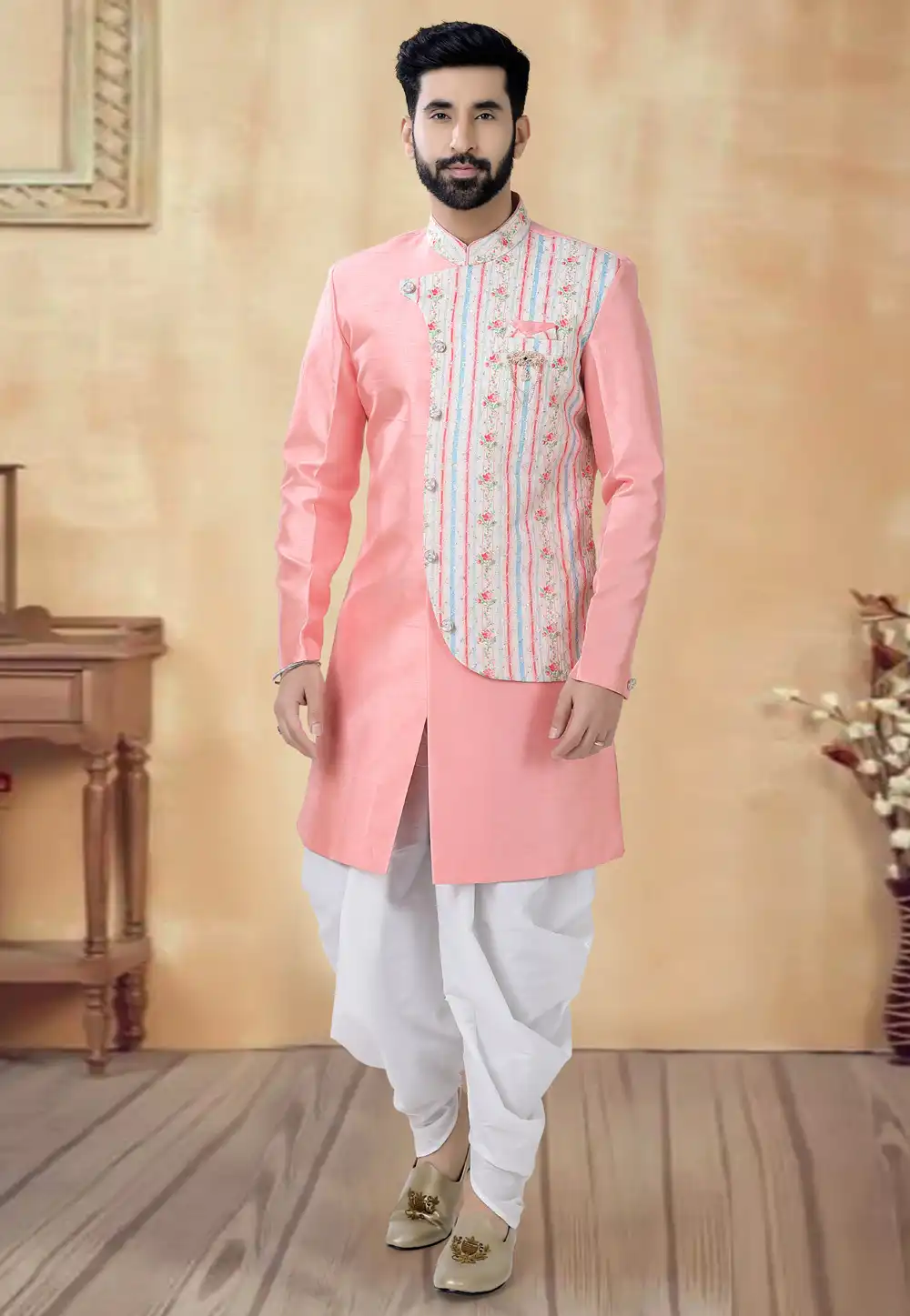 Pink Silk Dhoti Sherwani 292395