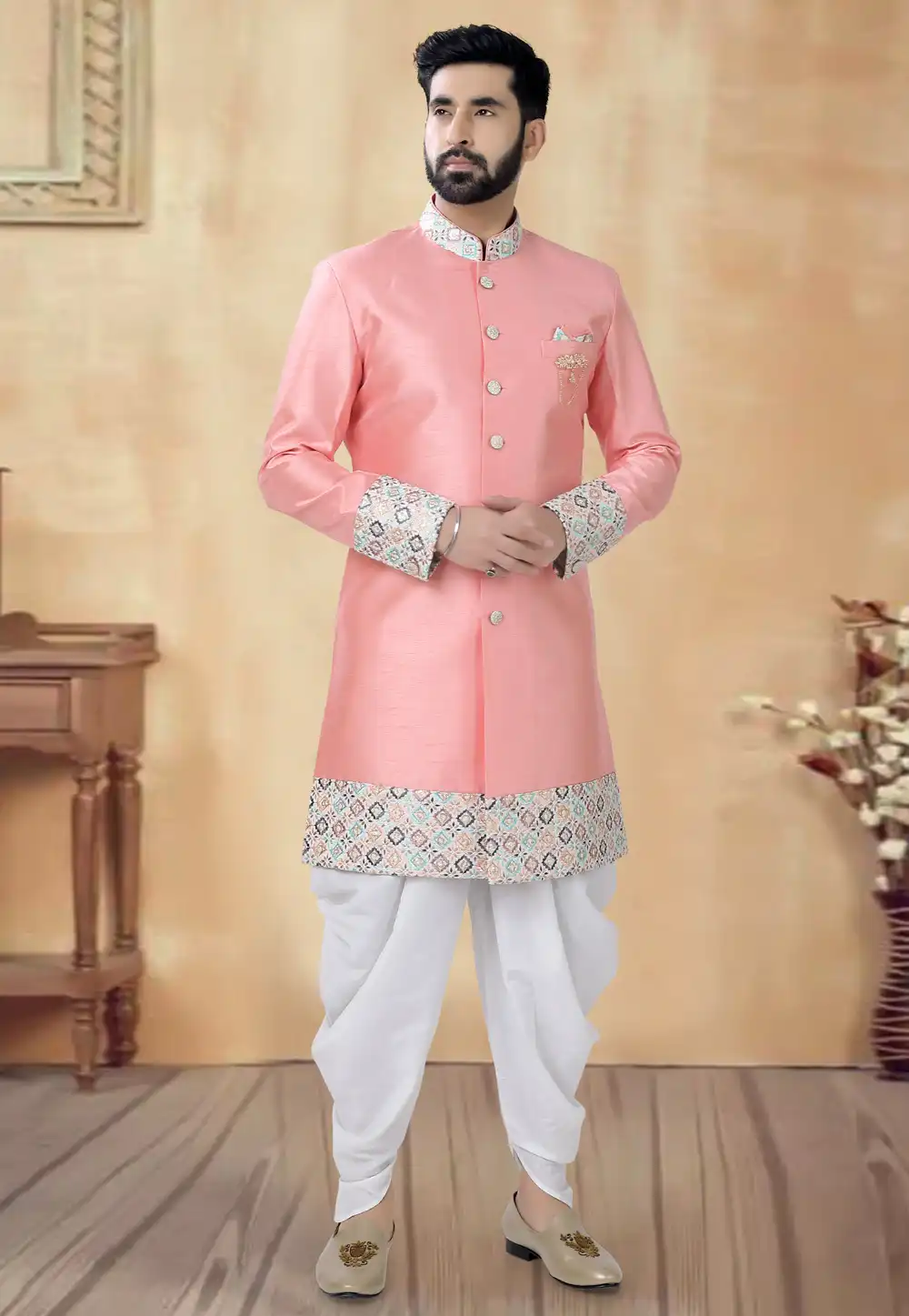 Pink Silk Dhoti Sherwani 292396