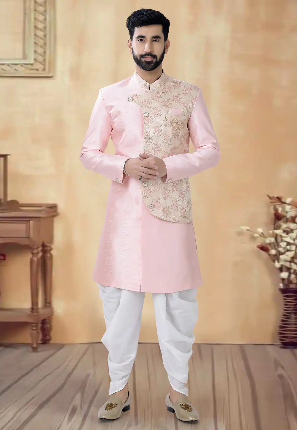 Pink Silk Dhoti Sherwani 292406