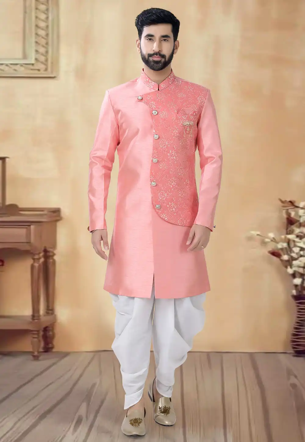 Pink Silk Dhoti Sherwani 292407