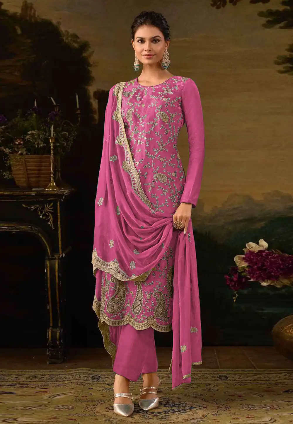 Pink Silk Embroidered Pant Style Suit 294422