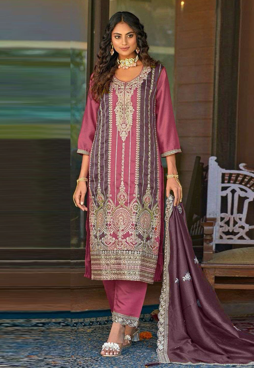 Pink Silk Embroidered Straight Suit 286631