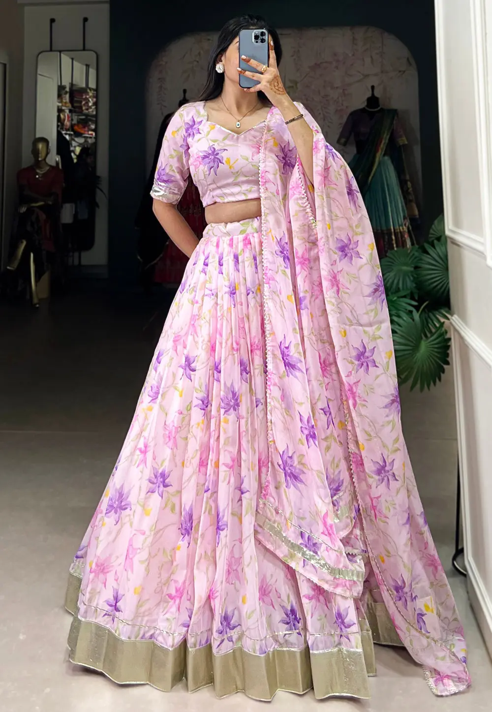 Pink Silk Floral print Lehenga choli 303669