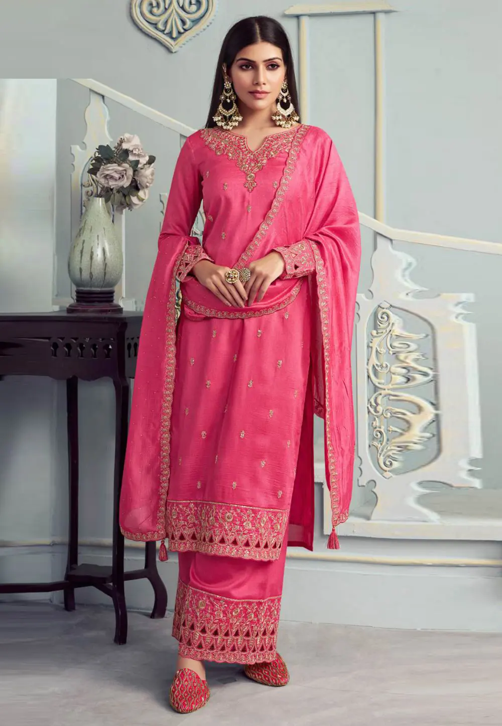 Pink Silk Georgette Palazzo Suit 301090