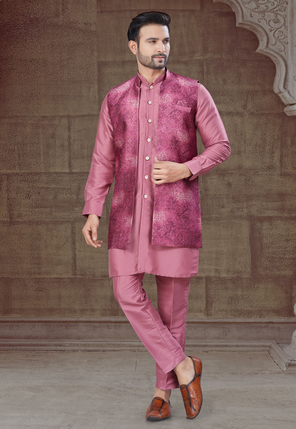 Pink Silk Indo Western Suit 304916