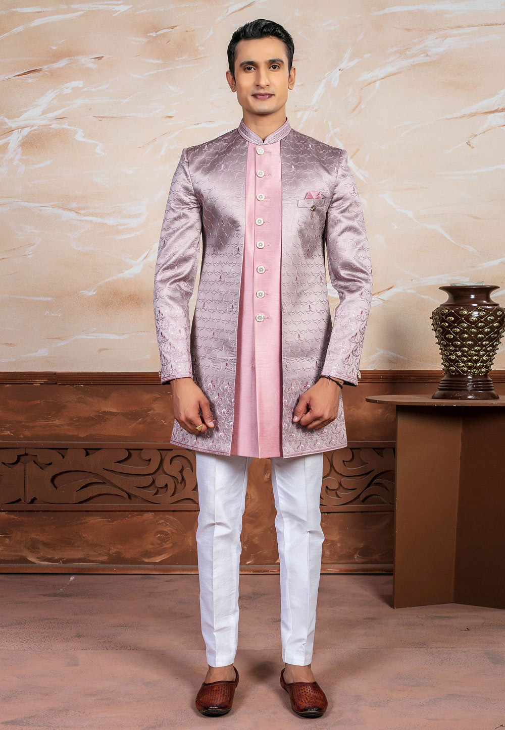 Pink Silk Indo Western Suit 287151