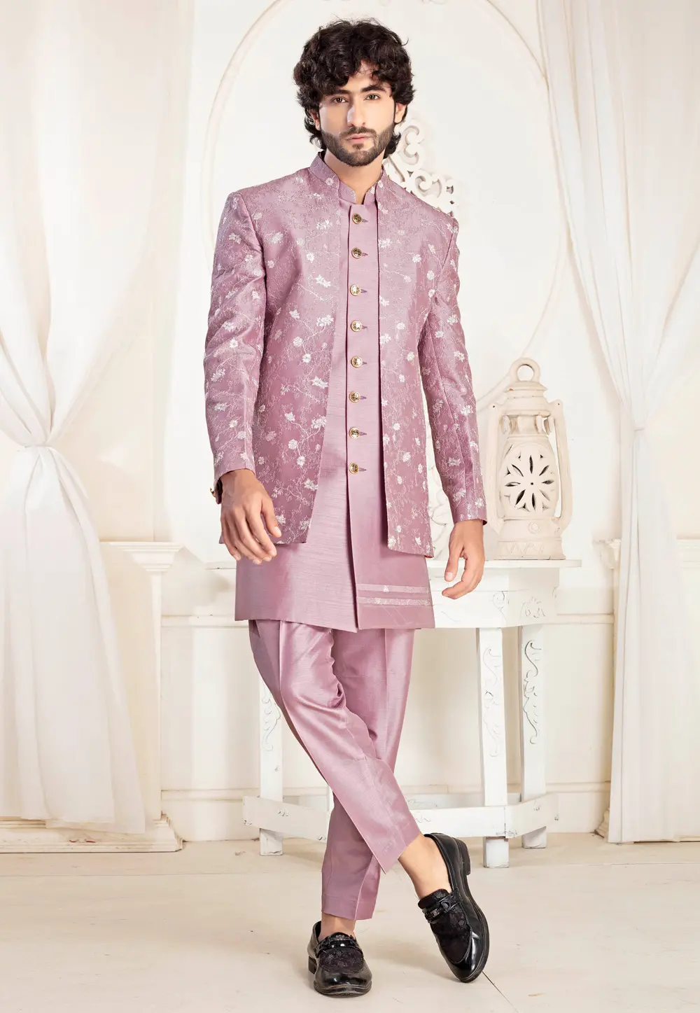 Pink Silk Jacket Style Sherwani 302145