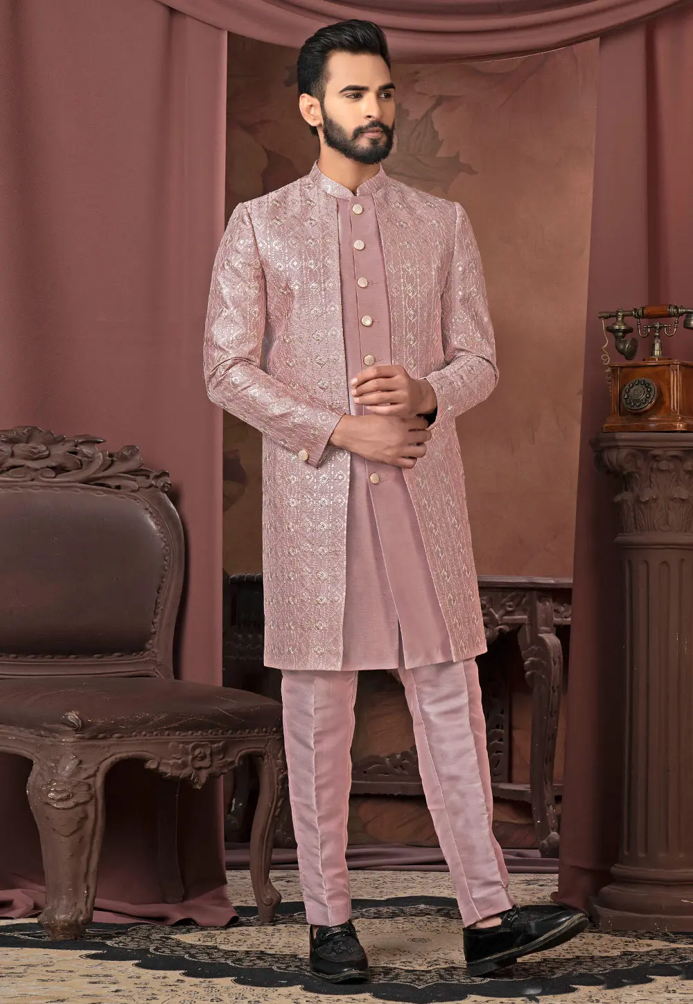 Pink Silk Jacket Style Sherwani 302463