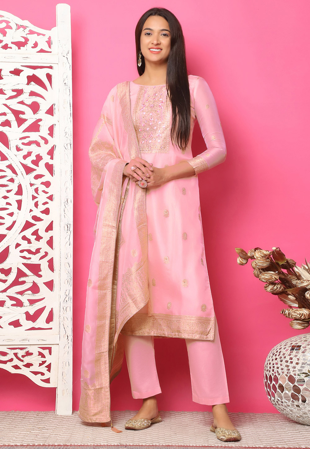 Pink Silk Jacquard Pakistani Suit 310128