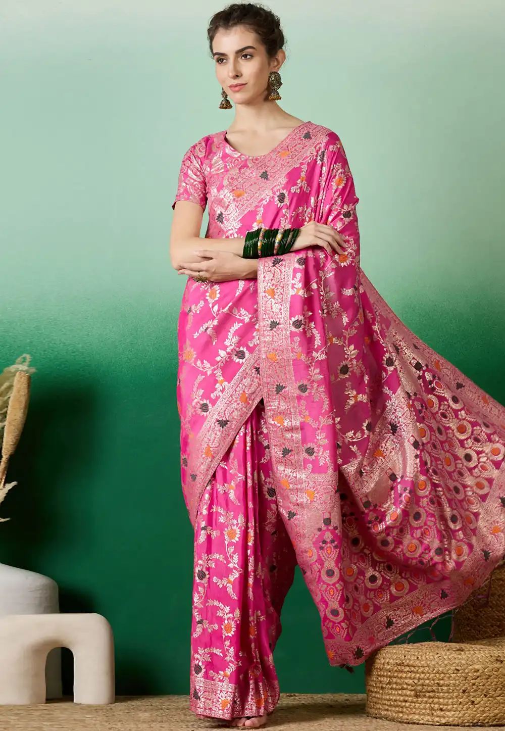 Pink Silk Jacquard Saree With Blouse 289590