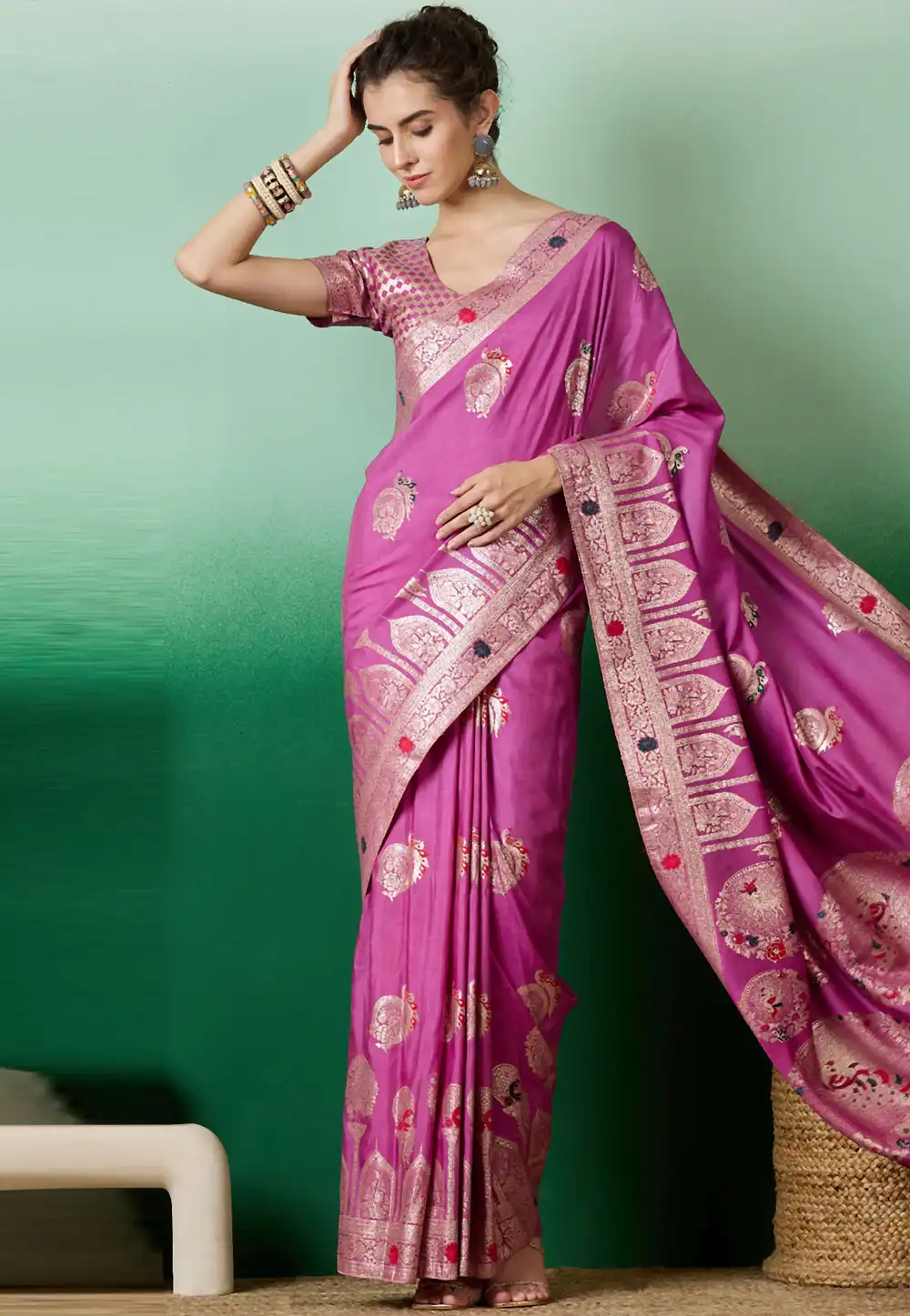 Pink Silk Jacquard Saree With Blouse 289614