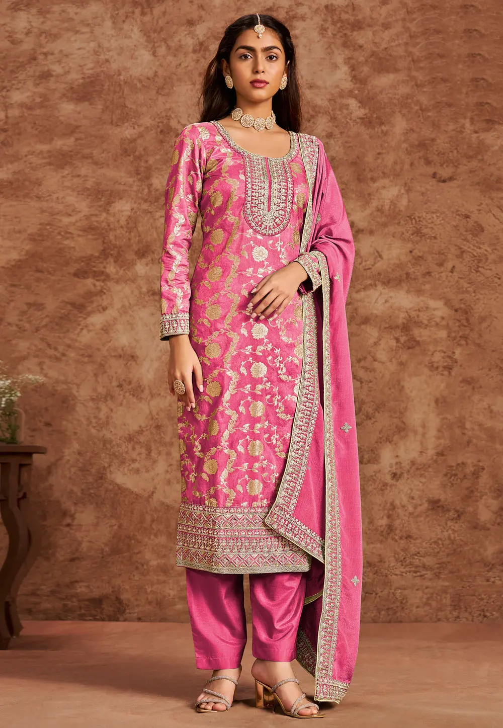 Pink Silk Jacquard Straight Suit 302727