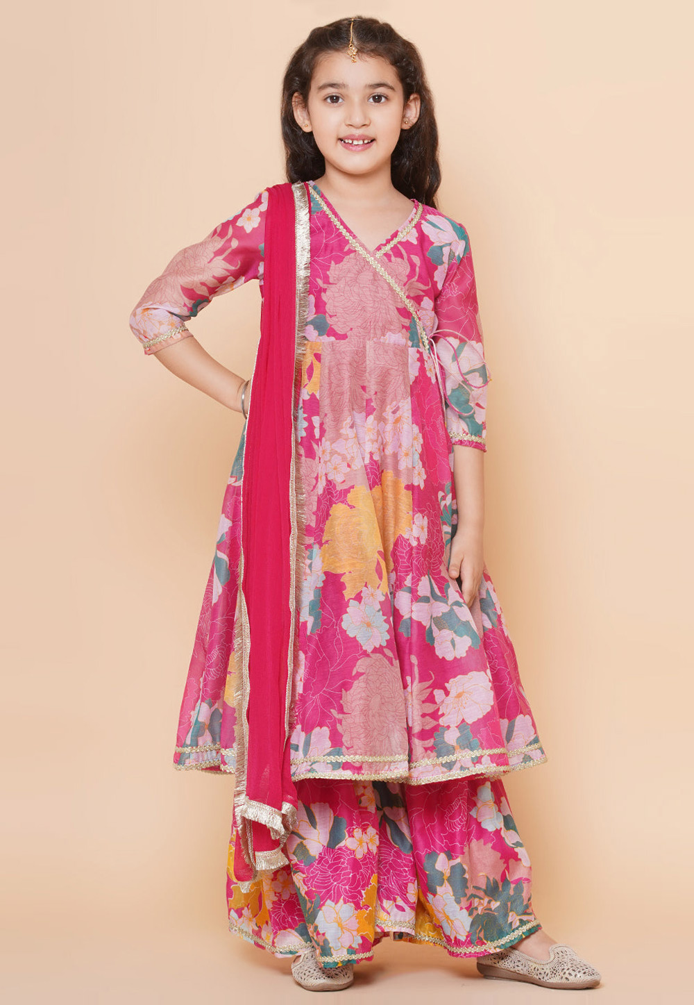 Pink Silk Kids Sharara Suit 282653
