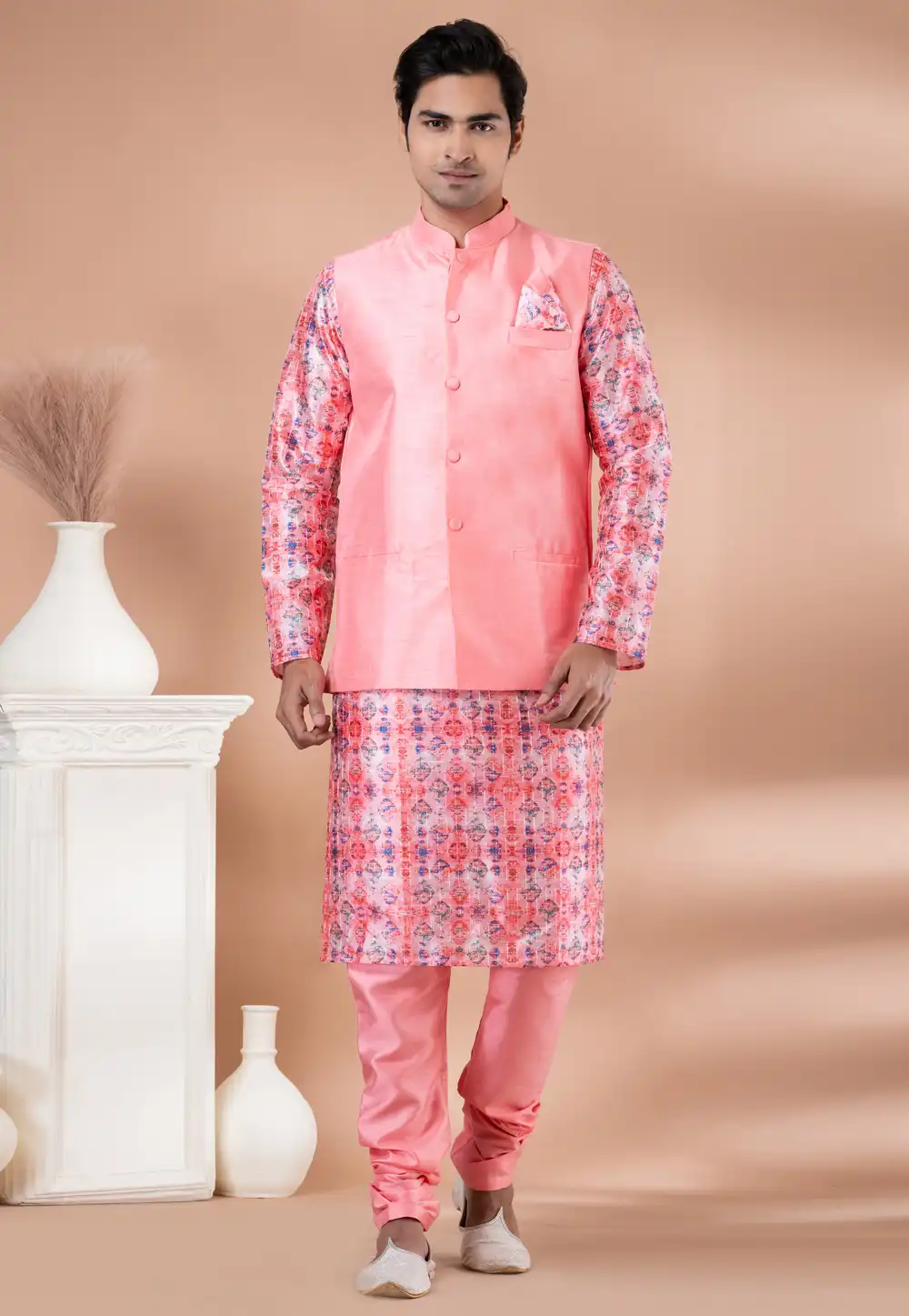 Pink Silk Kurta Pajama With Jacket 288701