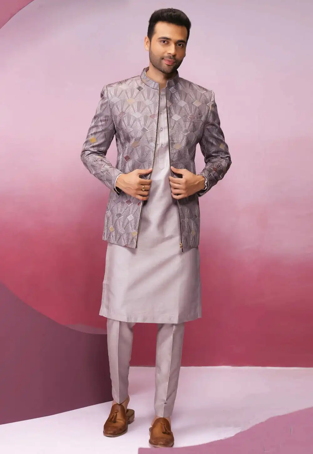 Pink Silk Kurta Pajama With Jacket 293904