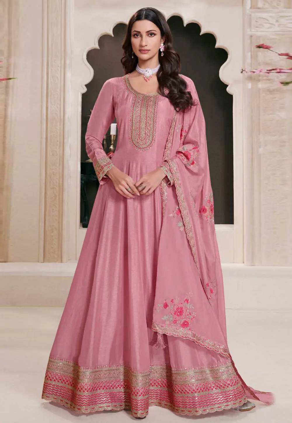 Pink Silk Long Anarkali Suit 304638