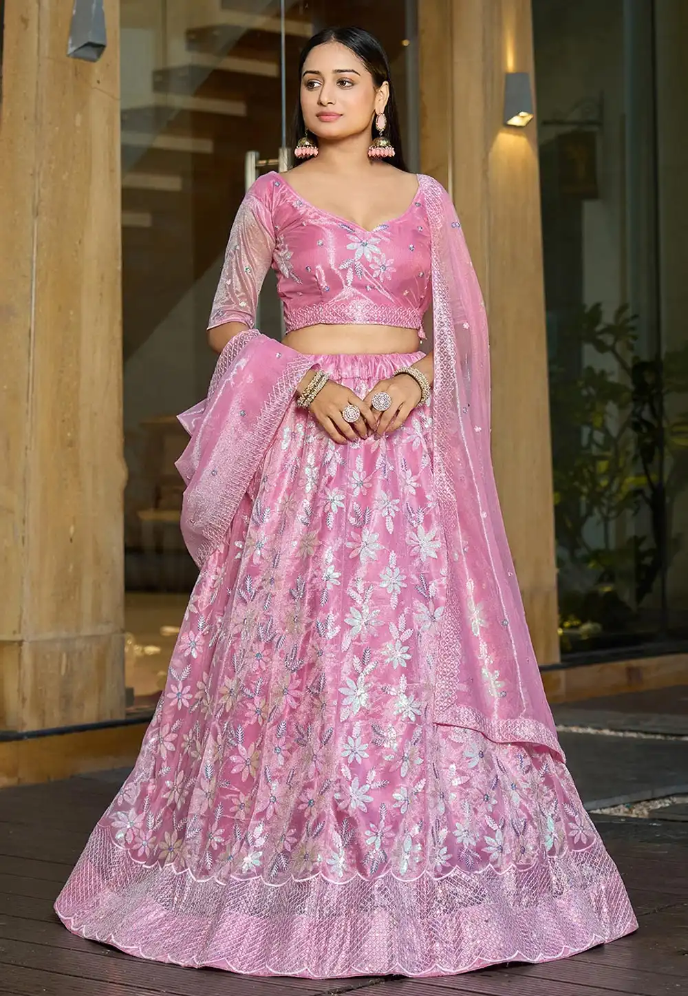 Pink Silk Net A Line Lehenga Choli 293984