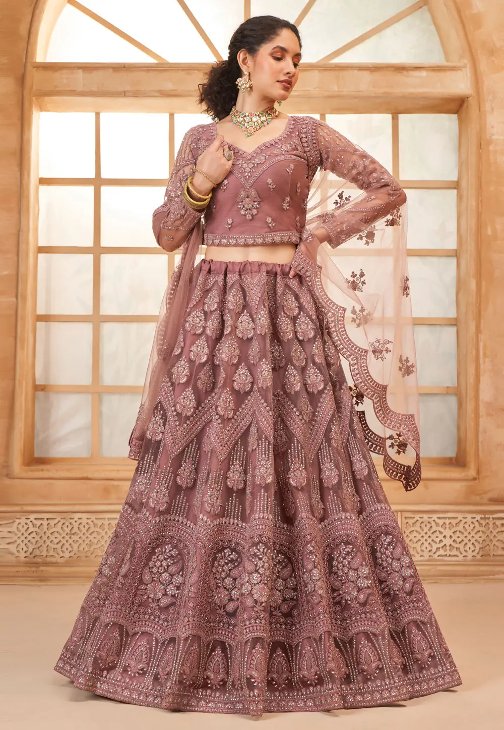 Pink Silk Net Circular Lehenga Choli 297596