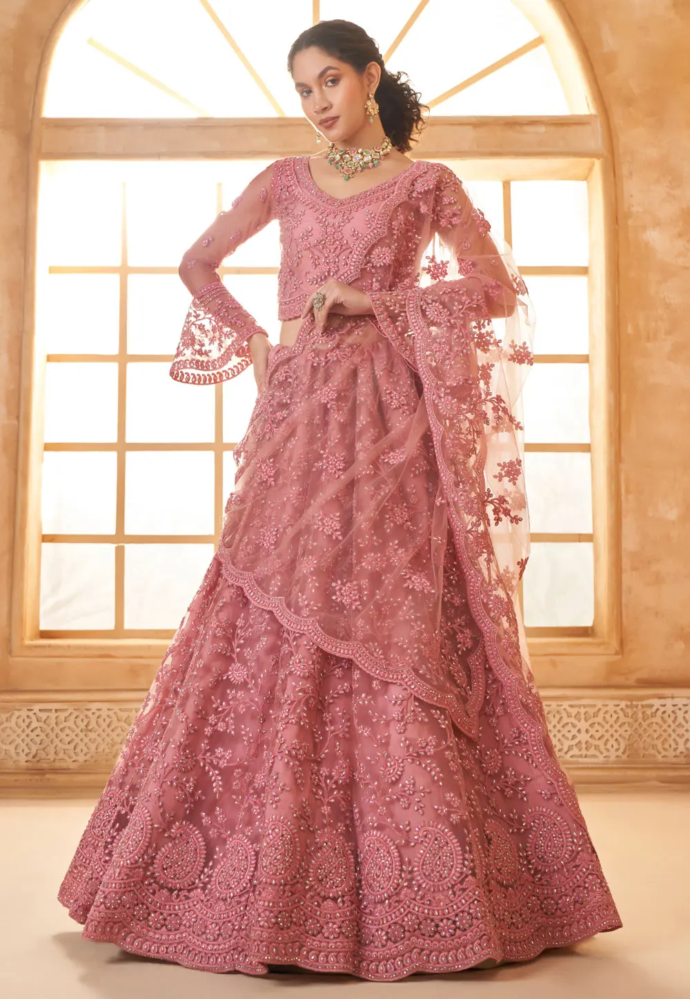 Pink Silk Net Lehenga Choli 297591