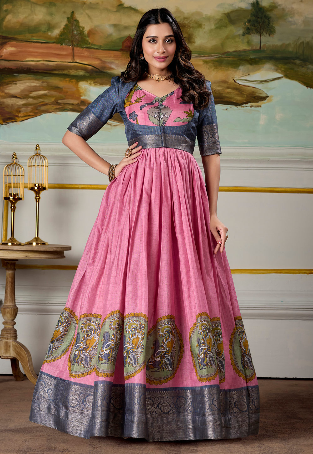 Pink Silk Printed Gown 310610