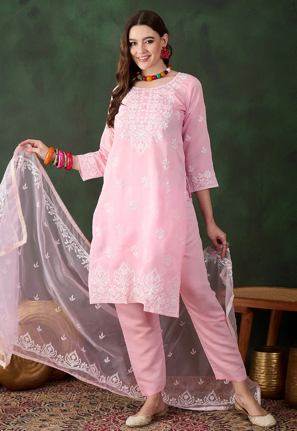 Pink Silk Readymade Chikankari Suit 299696