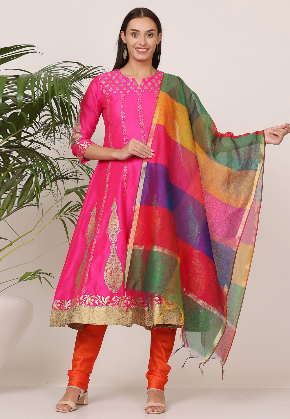 Pink Silk Readymade Churidar Salwar Suit 305511