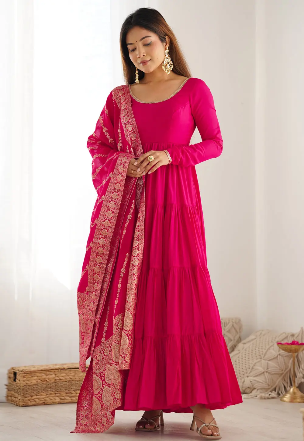 Pink Silk Readymade Long Anarkali Suit 303699