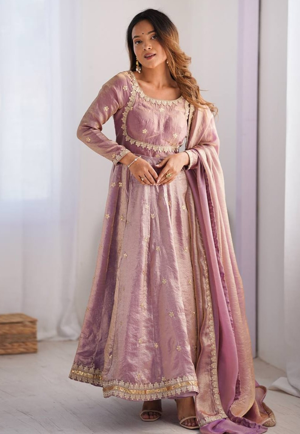 Pink Silk Readymade Long Anarkali Suit 310656