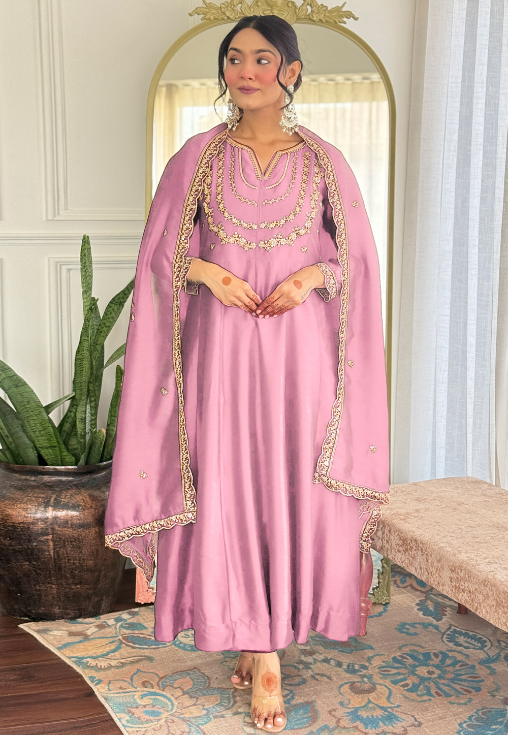 Pink Silk Readymade Long Anarkali Suit 311135