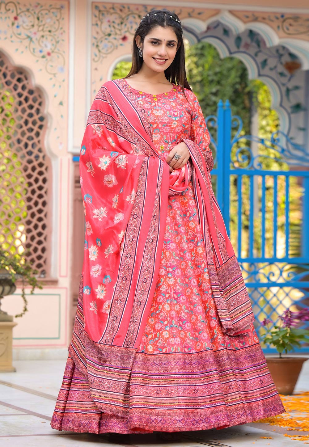Pink Silk Readymade Long Anarkali Suit 282078