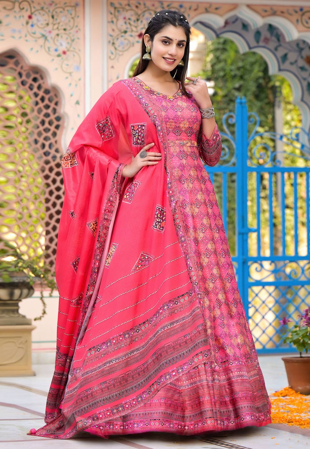 Pink Silk Readymade Long Anarkali Suit 282080