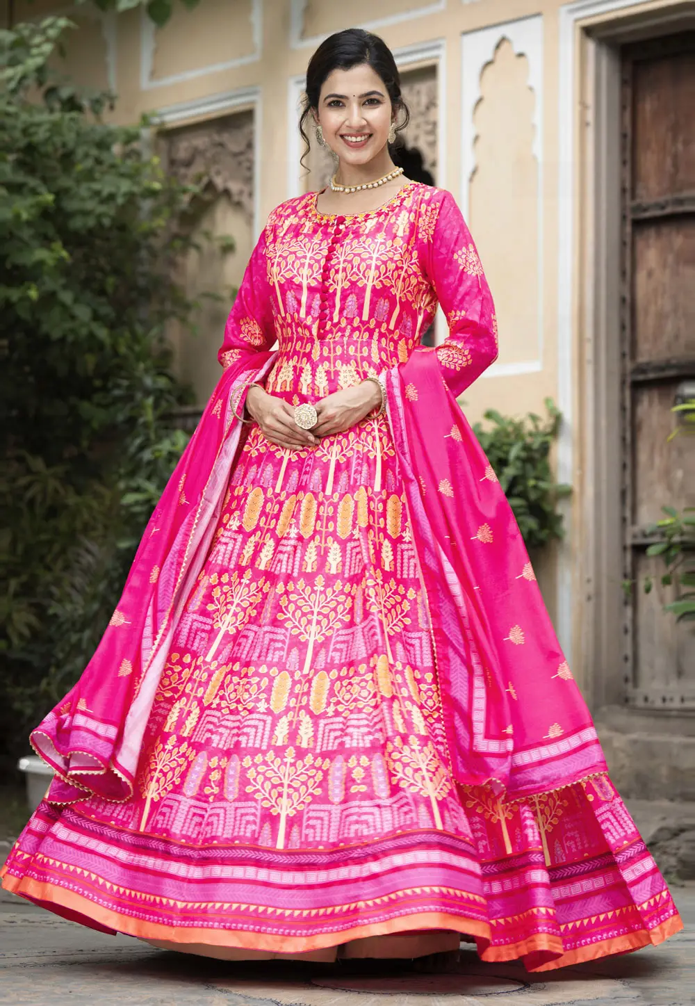 Pink Silk Readymade Long Anarkali Suit 296438