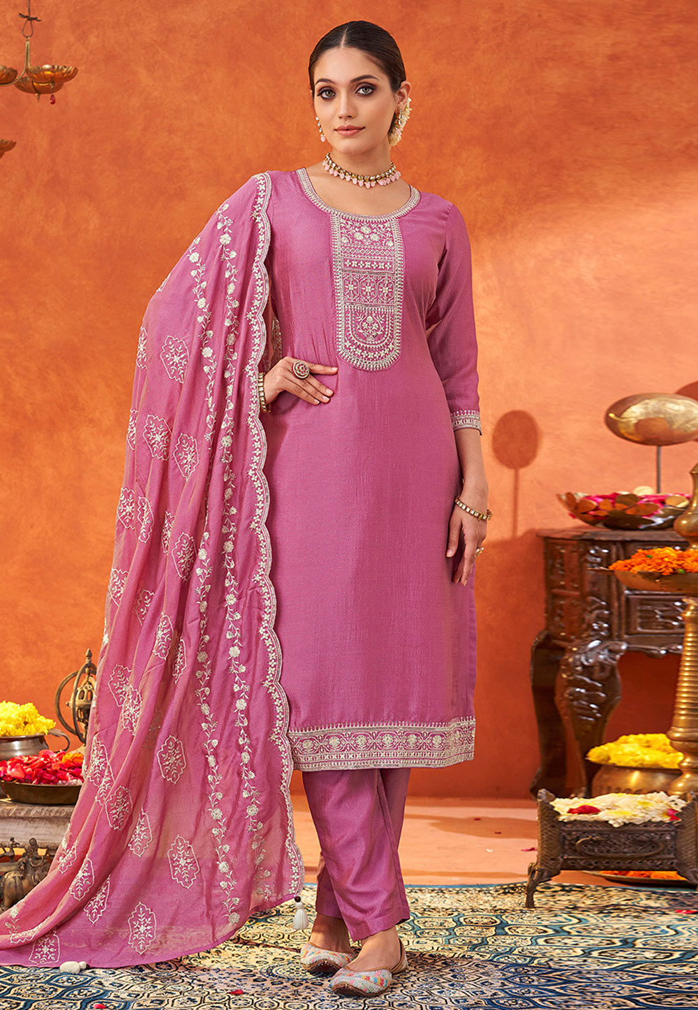 Pink Silk Readymade Pakistani Suit 310579