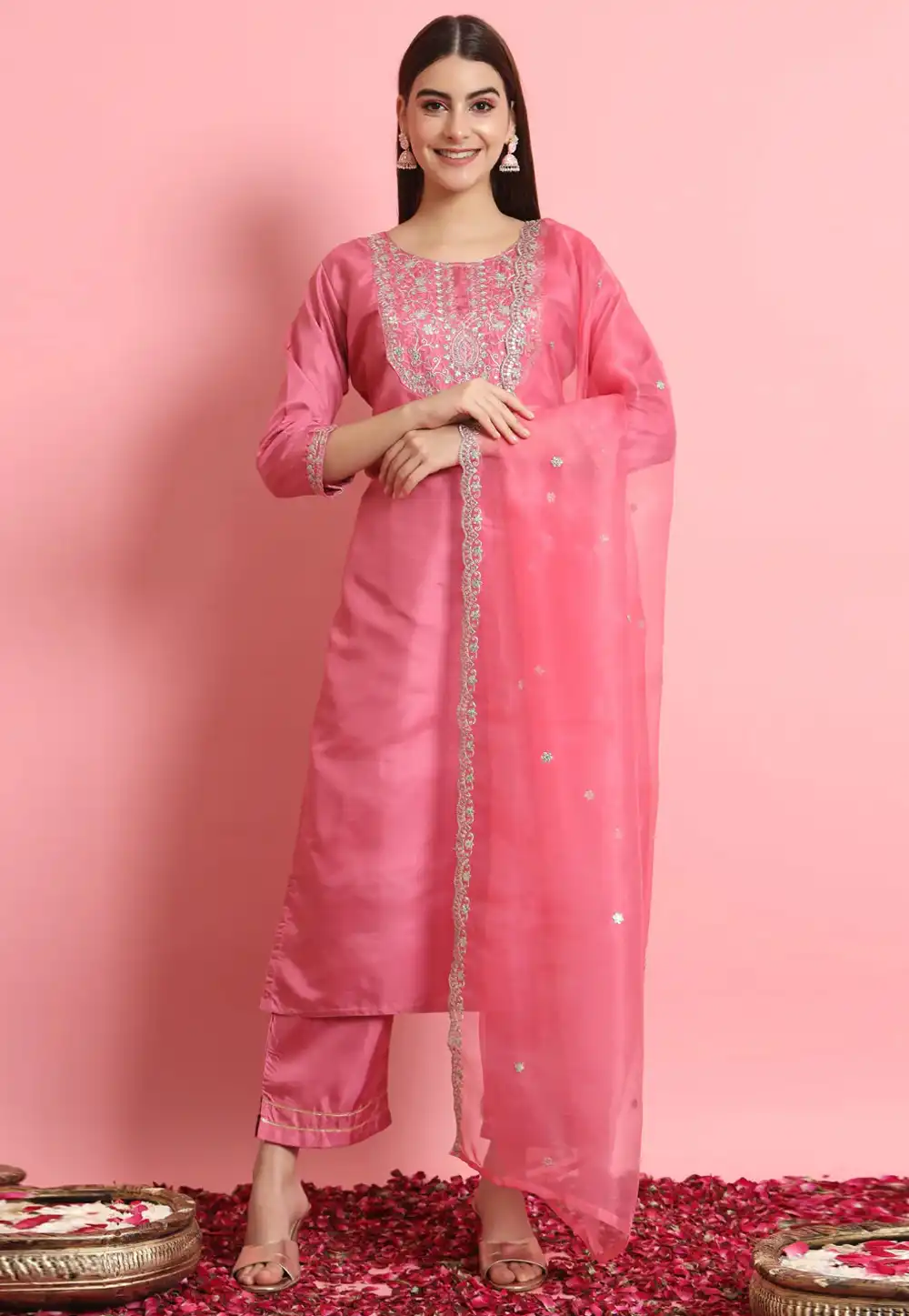 Pink Silk Readymade Pant Style Suit 289460