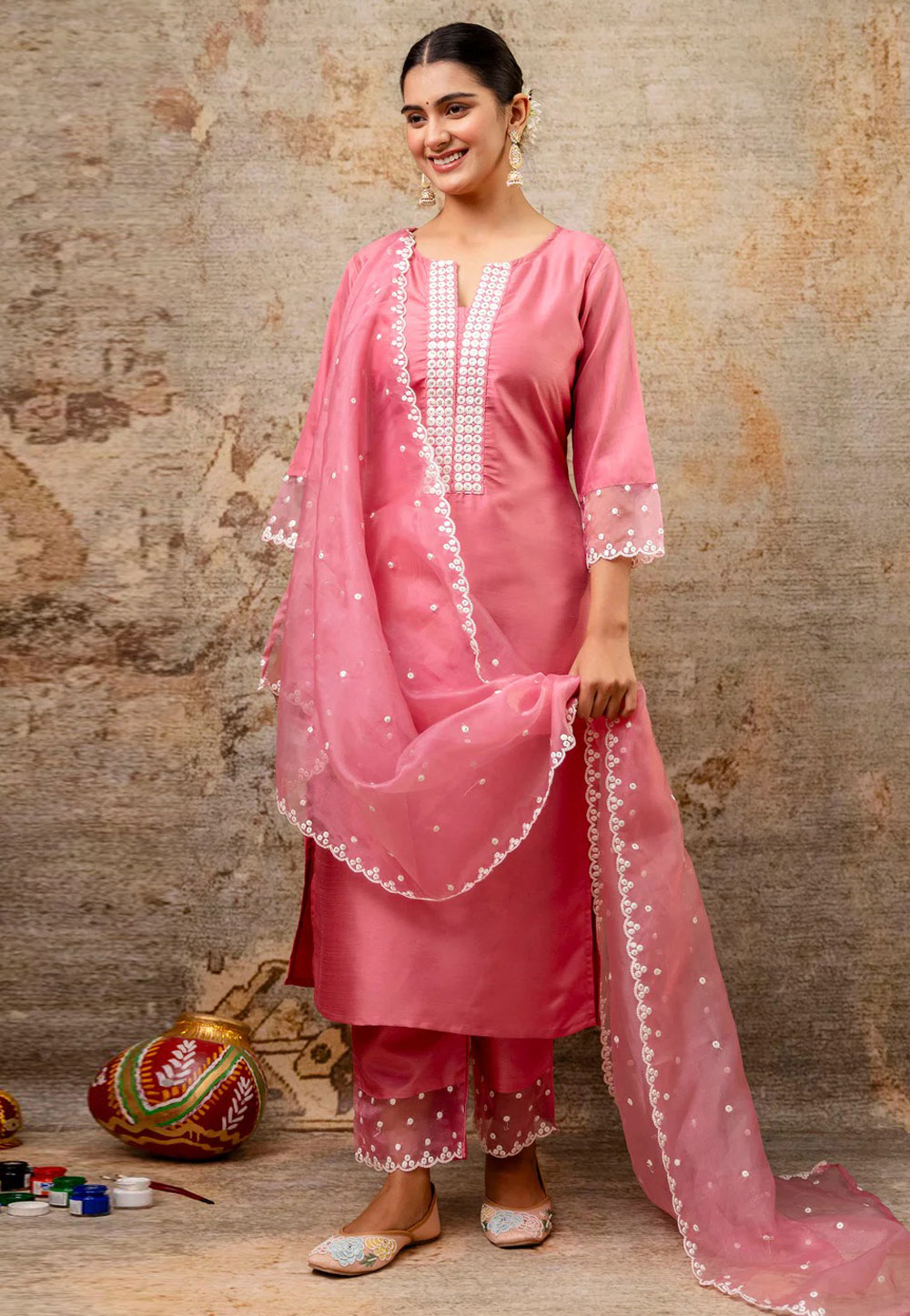 Pink Silk Readymade Pant Style Suit 309260