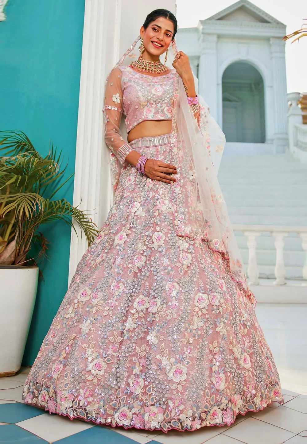 Pink Tissue A Line Lehenga Choli 304210