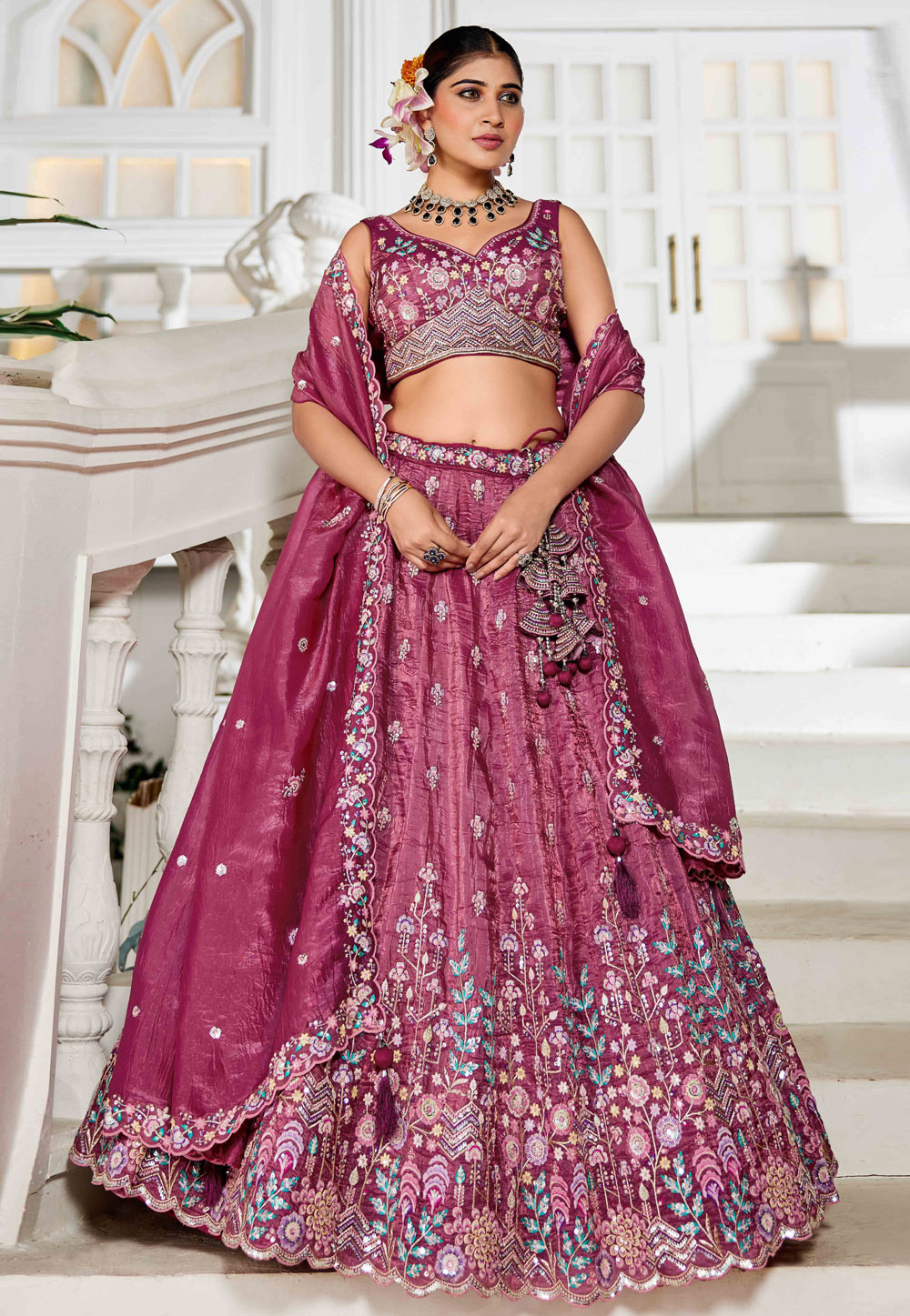 Pink Tissue Circular Lehenga Choli 311147
