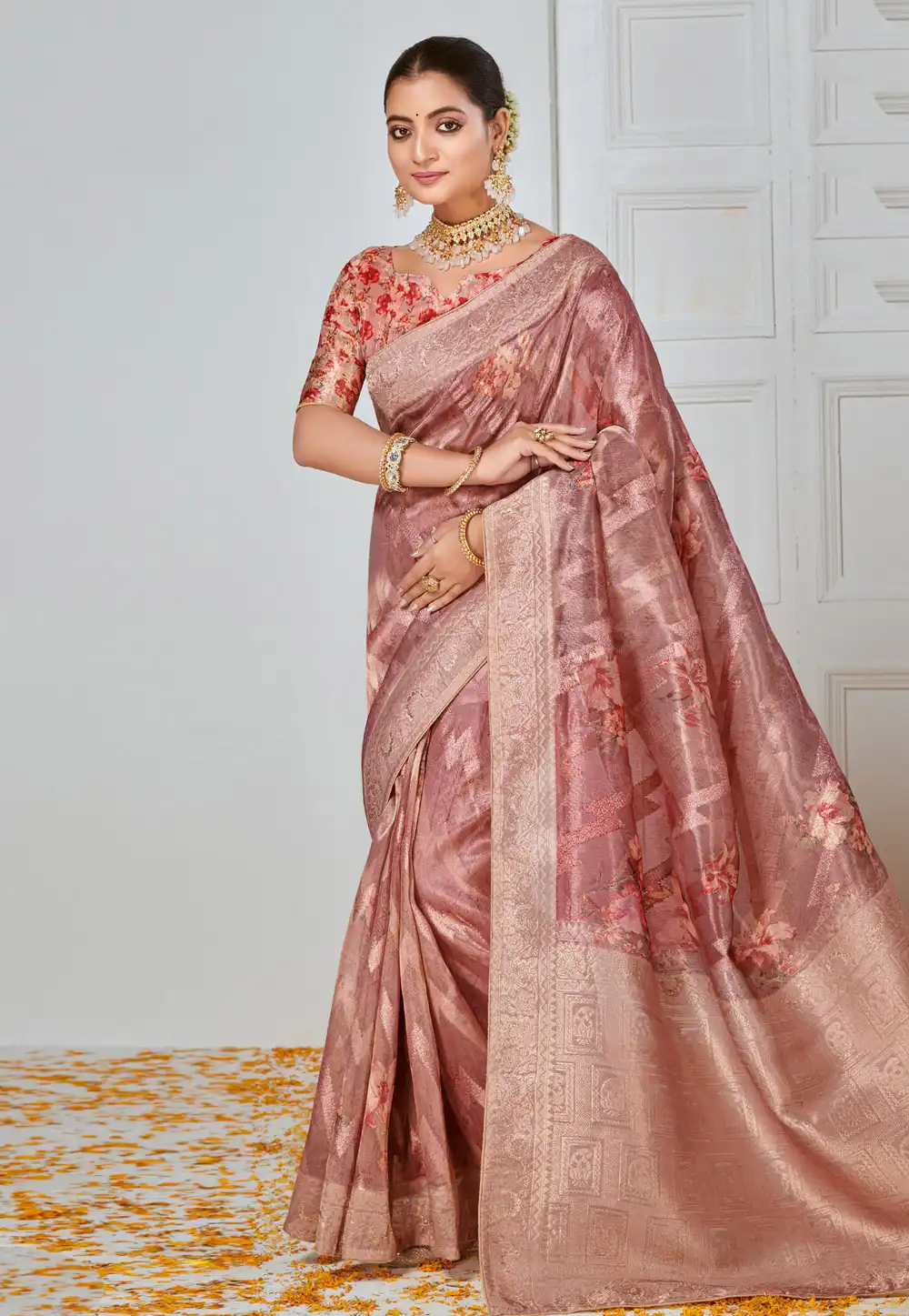 Pink Tissue Saree With Blouse 289093